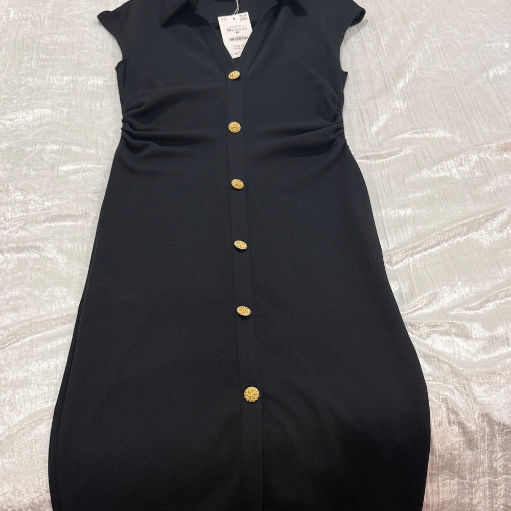 Zara Black Midi Dress with Gold Buttons - Picture 4 of 5